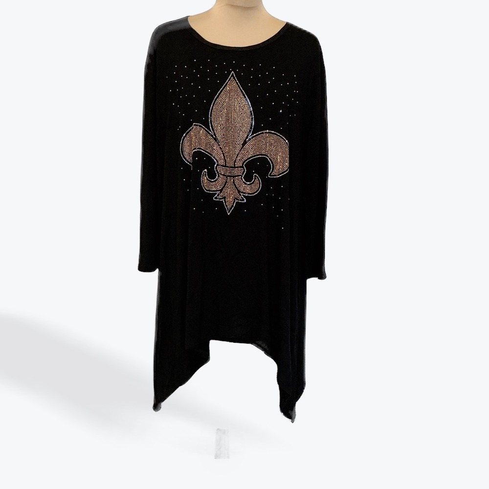 SHINY NEW YORK Black Rhinestone Fleur de Lis‎ Tunic Top One Size